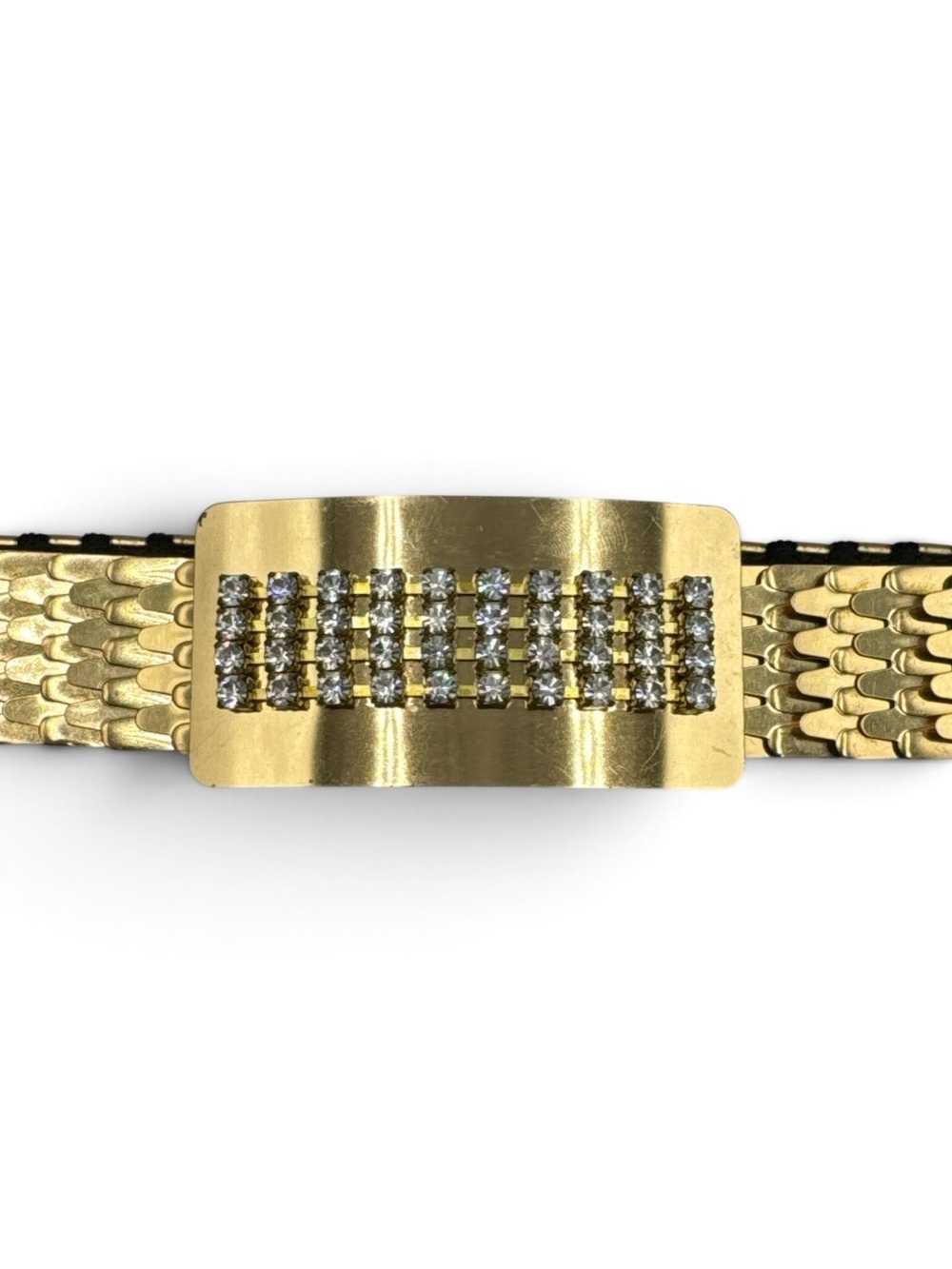 Vintage 1980s Gold Tone Metal Mesh Rhinestone Stretch Statement Belt 24-40”